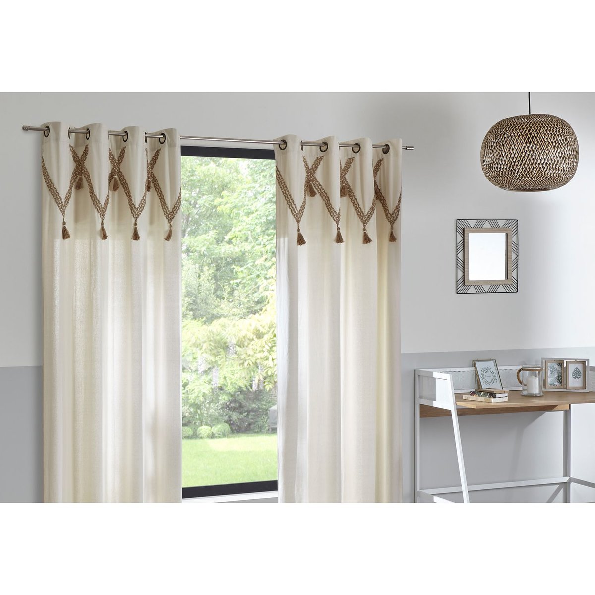 Lot de 2 rideaux en coton et en jute avec pompons CARMEN beige, TOILINUX