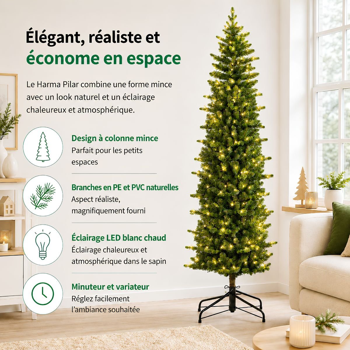 Sapin de Noël artificiel étroit et enneigé avec LED H185 cm HARMA vert, BLACK BOX TREES