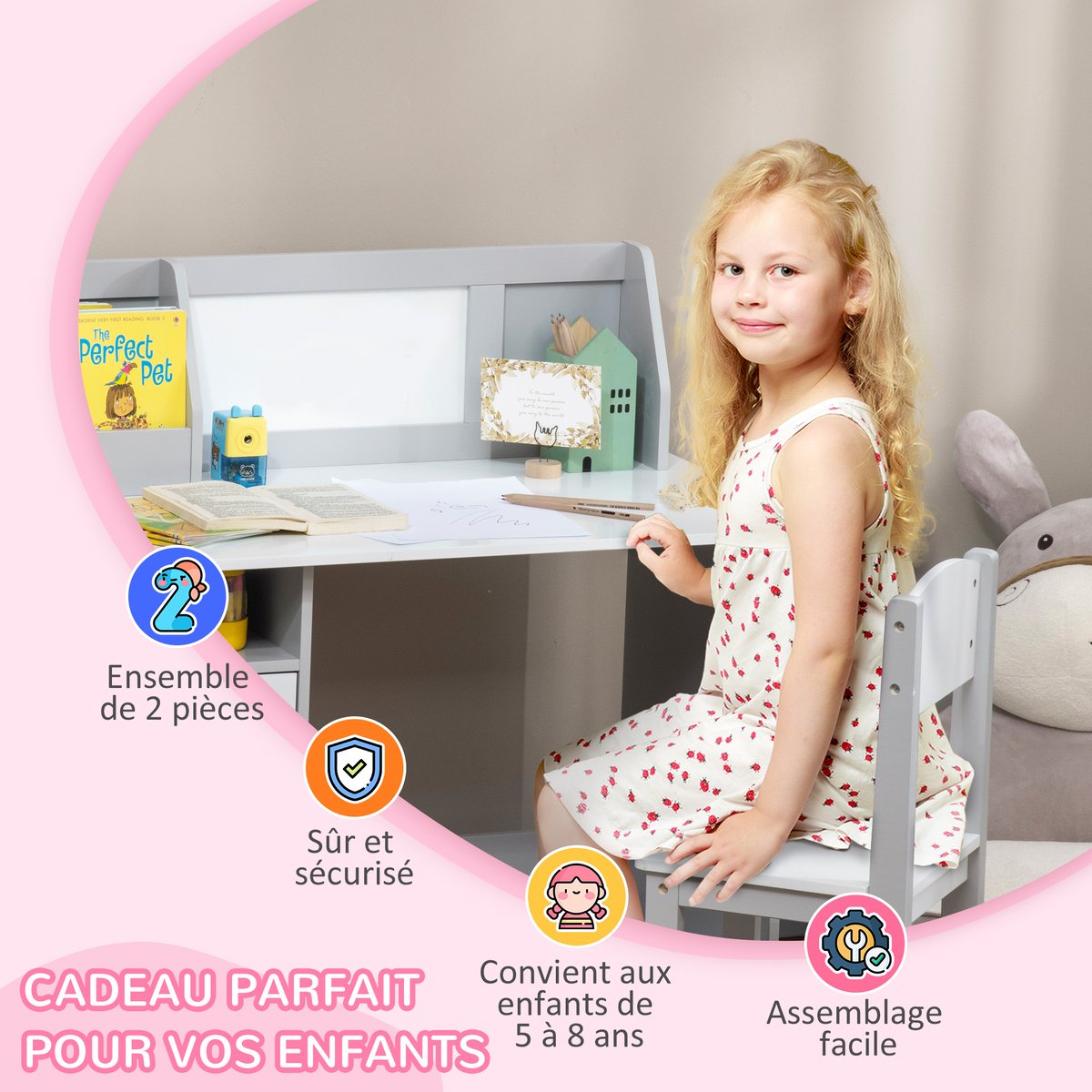 Bureau d'étude pour enfants avec chaise MDF gris, HOMCOM