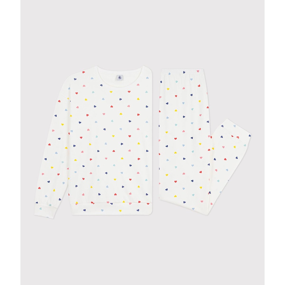 Langer Pyjama, Herzchenprint weiss, buntes herz, PETIT BATEAU