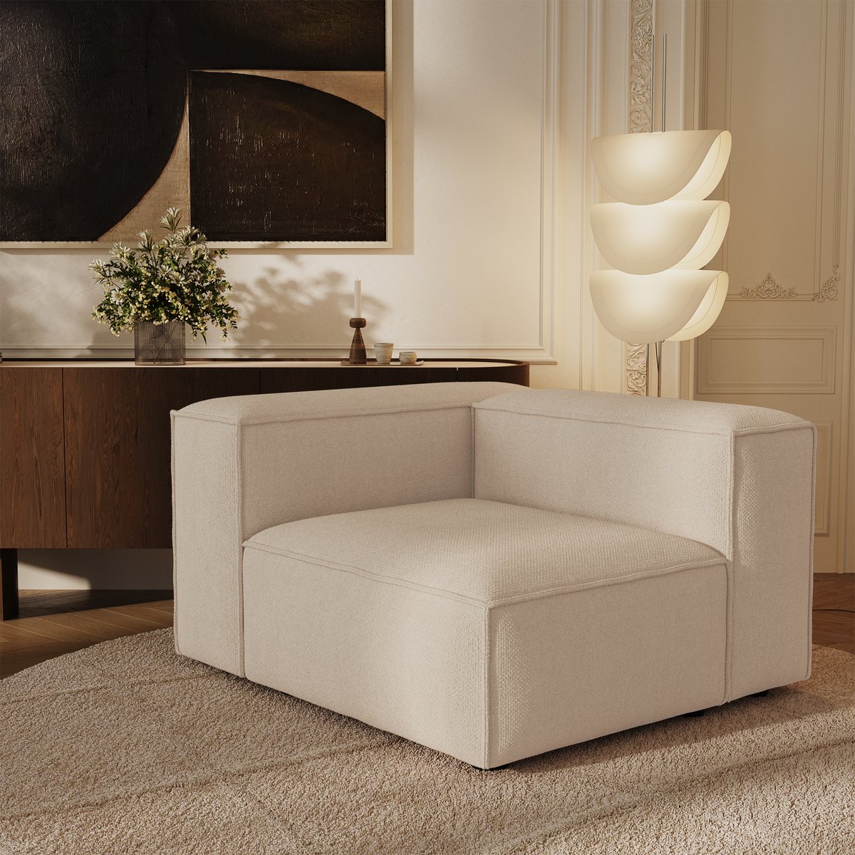Module d'angle droit en velours chenillé CUBI crème, SIA HOME