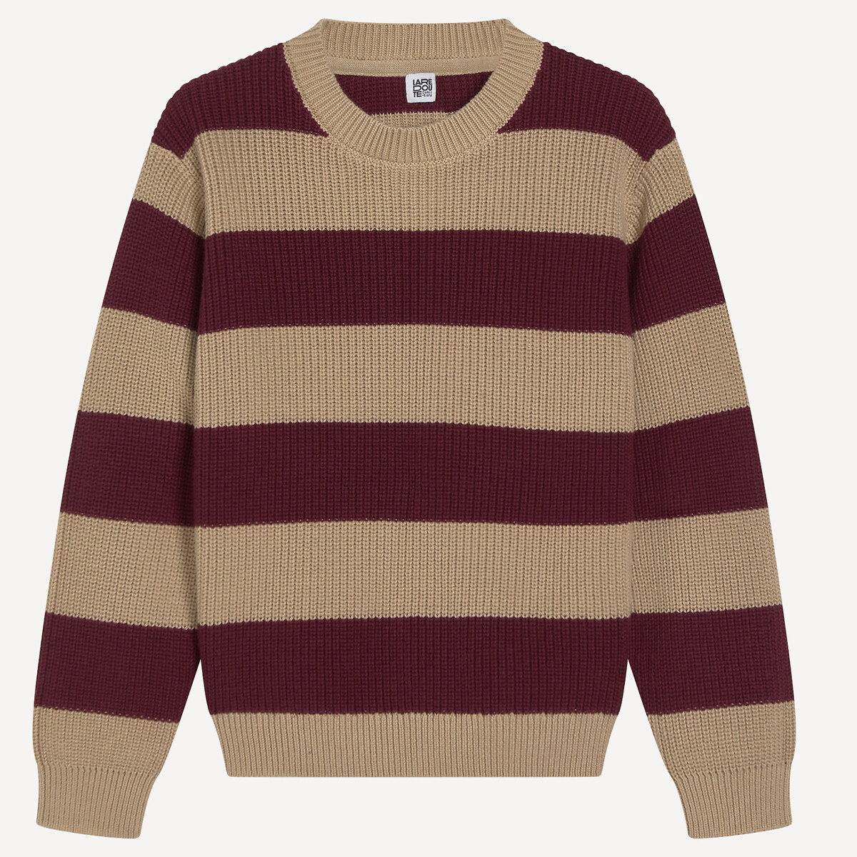 Striped Chunky Knit Crew Neck Jumper burgundy/beige, LA REDOUTE COLLECTIONS