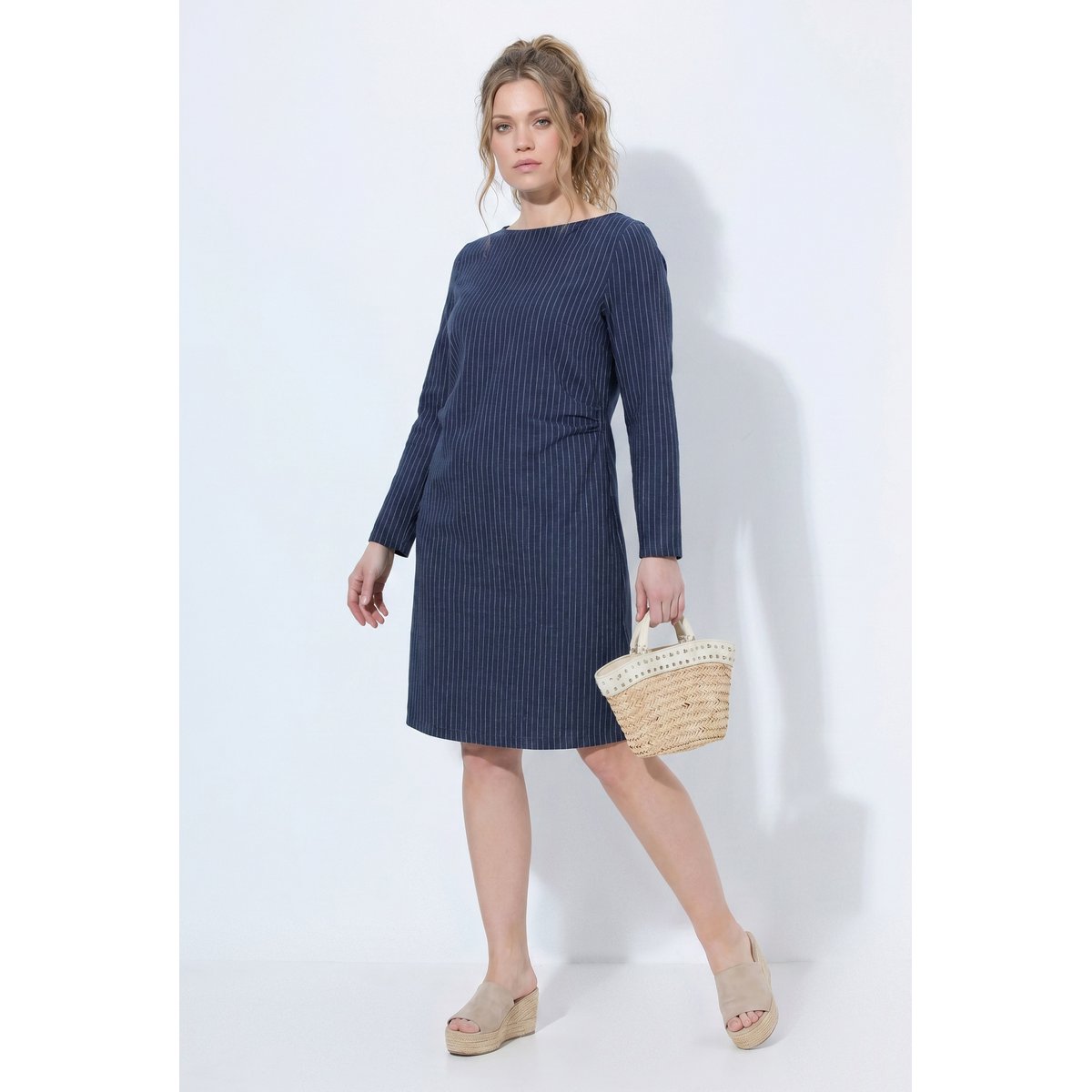 Robe en molleton à fines rayures marine, ULLA POPKEN