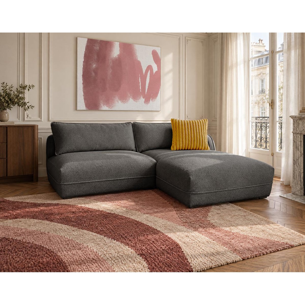 Canapé d'Angle droit en Tissu bouclette 4 places - LUCIEN gris, BEST MOBILIER