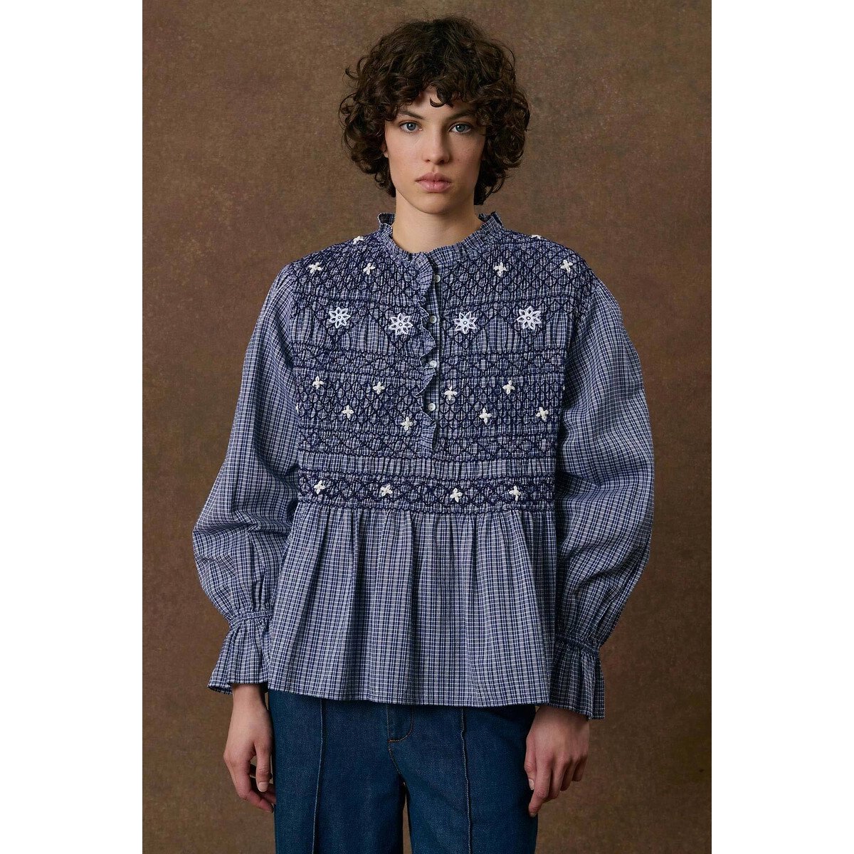 Blouse à carreaux et smocks col rond, ILEANA indigo, LOUISE MISHA