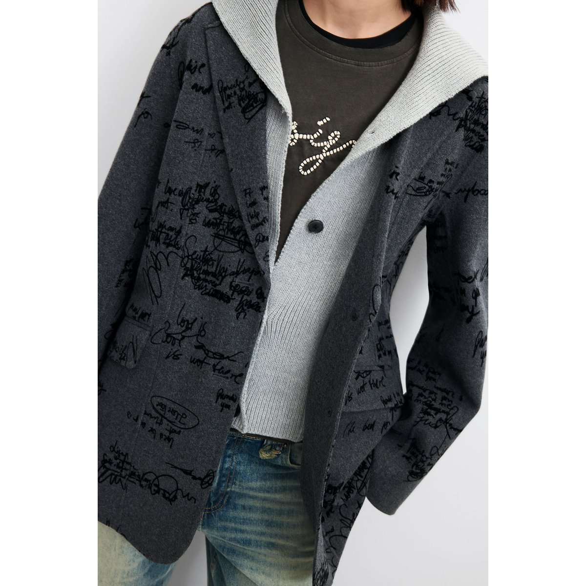 blazer droite en laine à motif graffiti noir, DESIGUAL