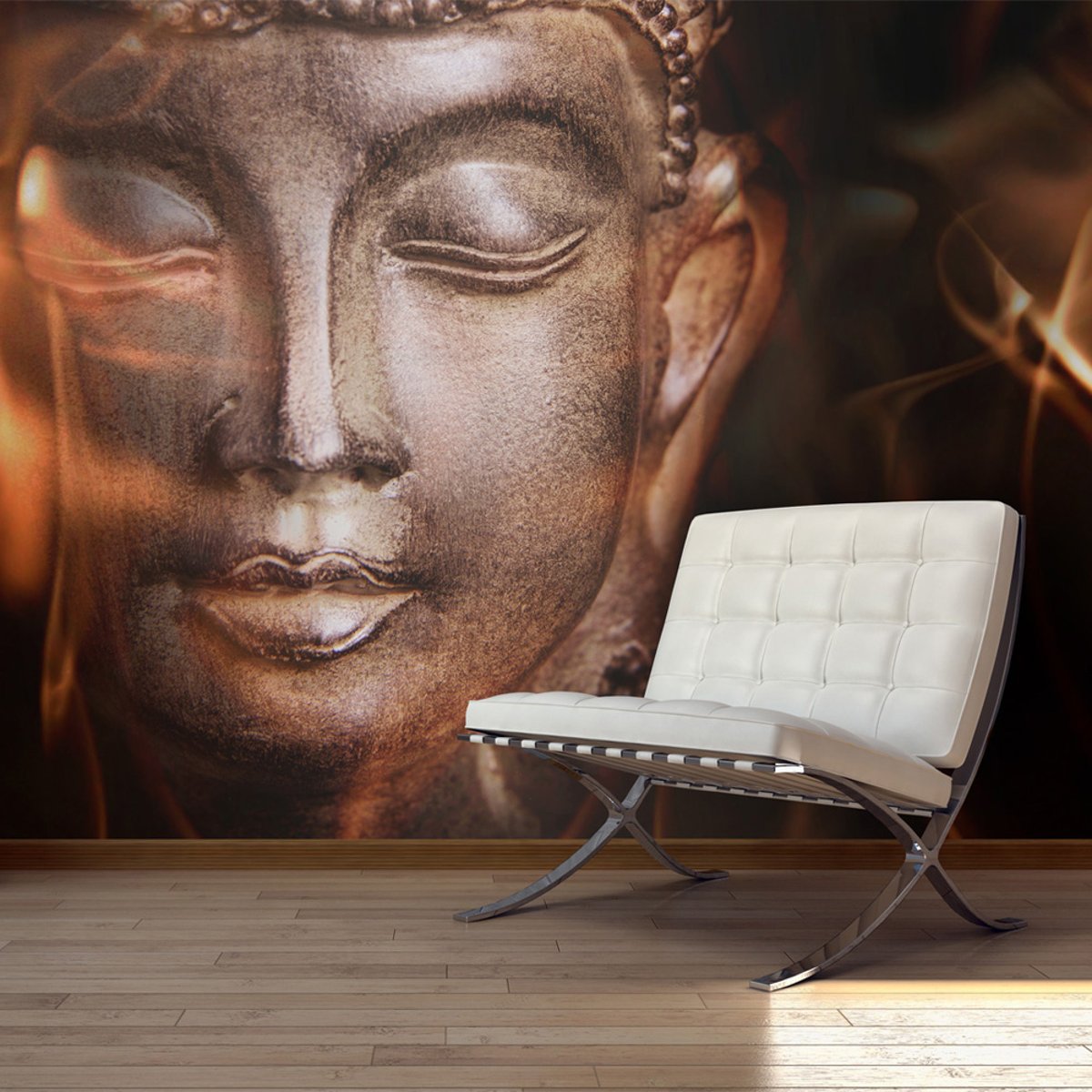 Papier peint intissé panoramique Orient Buddha. Fire of meditation. jaune / doré, EDEN