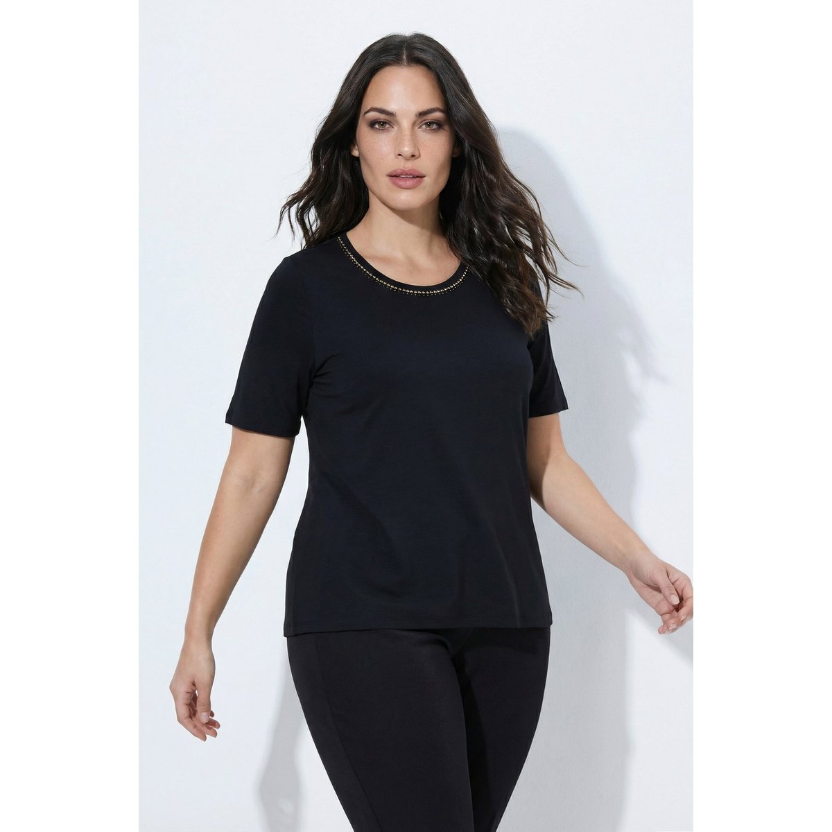 T-shirt en lyocell, pierres fantaisie noir, ULLA POPKEN