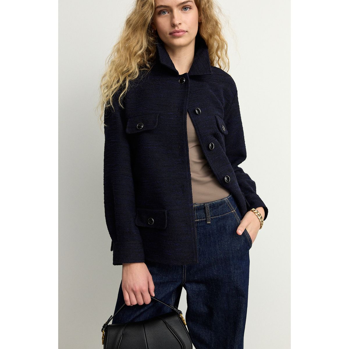 Veste-chemise boutonnée en maille bouclée bleu marine, NEXT