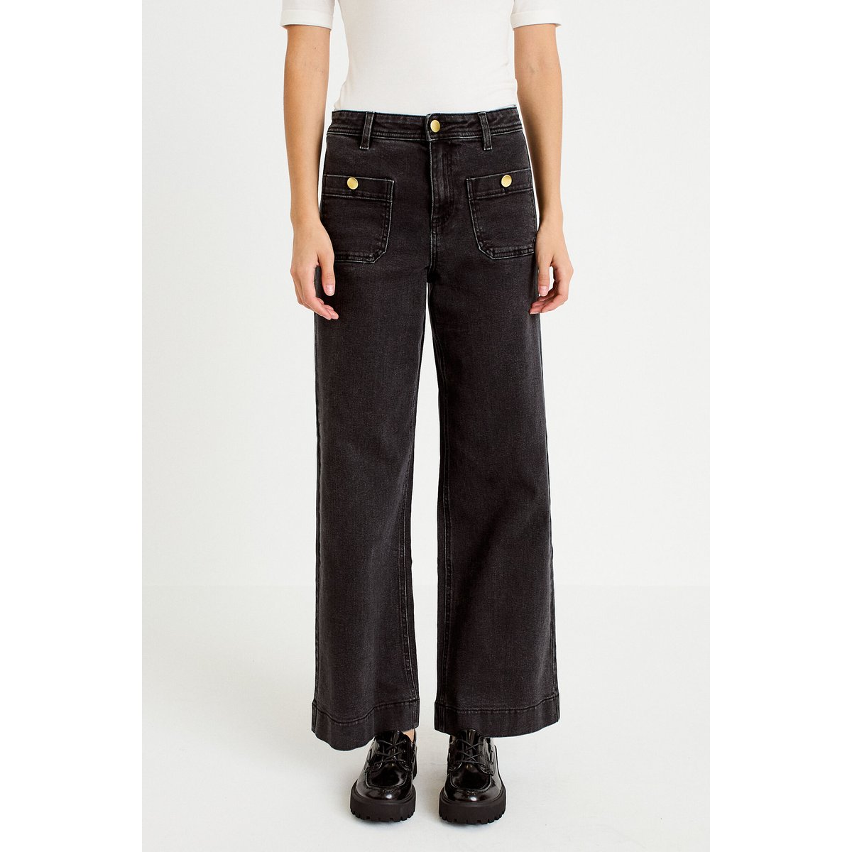 Jean wide leg cropped taille haute denim noir, CACHE CACHE