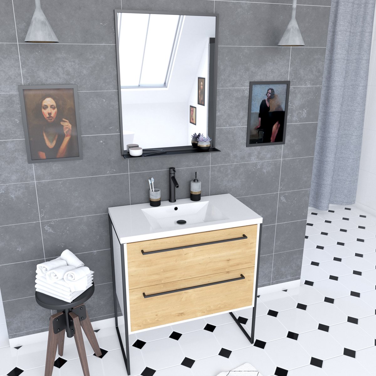 Pack meuble à 2 tiroirs vasque et miroir simple blanc, HOME MAISON