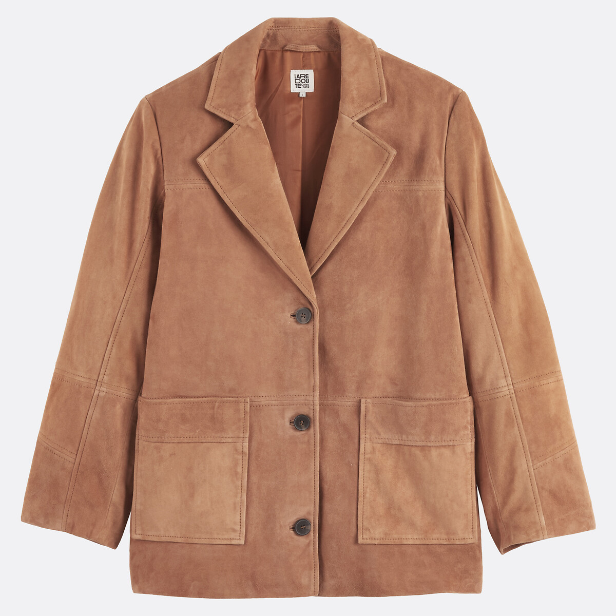 Veste droite col tailleur en cuir de chèvre marron camel, LA REDOUTE COLLECTIONS