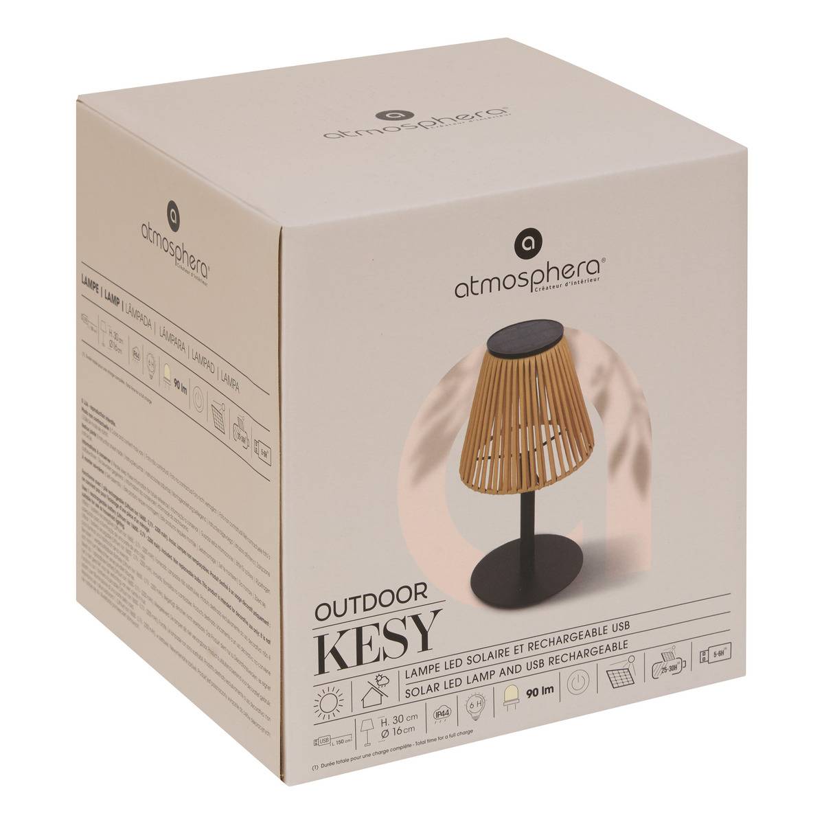 Lampe d'extérieur solaire USB en résine tressée et acier KESSY beige, ATMOSPHERA