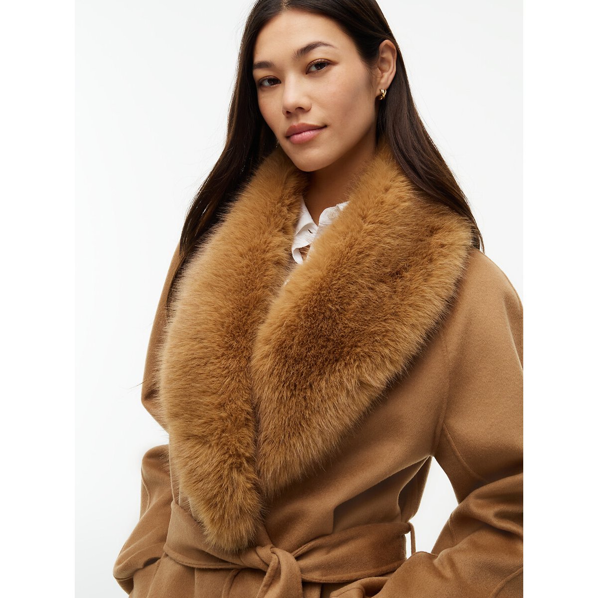 Manteau long ceinturé à col duveteux amovible marron, TOMMY HILFIGER