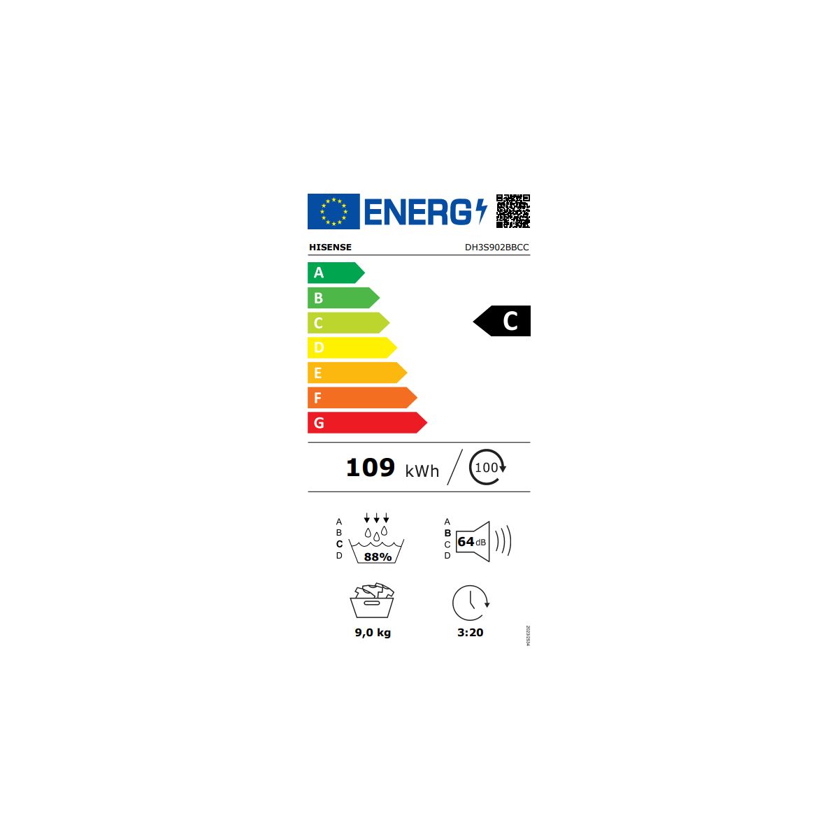 Sèche linge pompe à chaleur DH3S902BBCC couleur unique, HISENSE