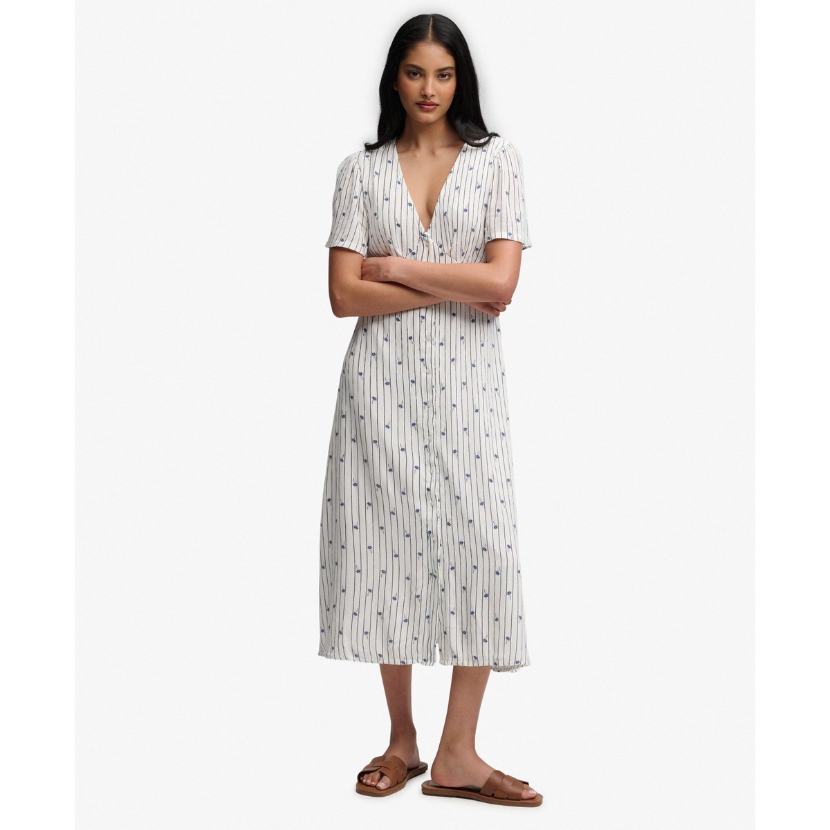 Robe Midi à Manches Courtes et Boutons Imprimée rayures ditsy crème œillet, SUPERDRY