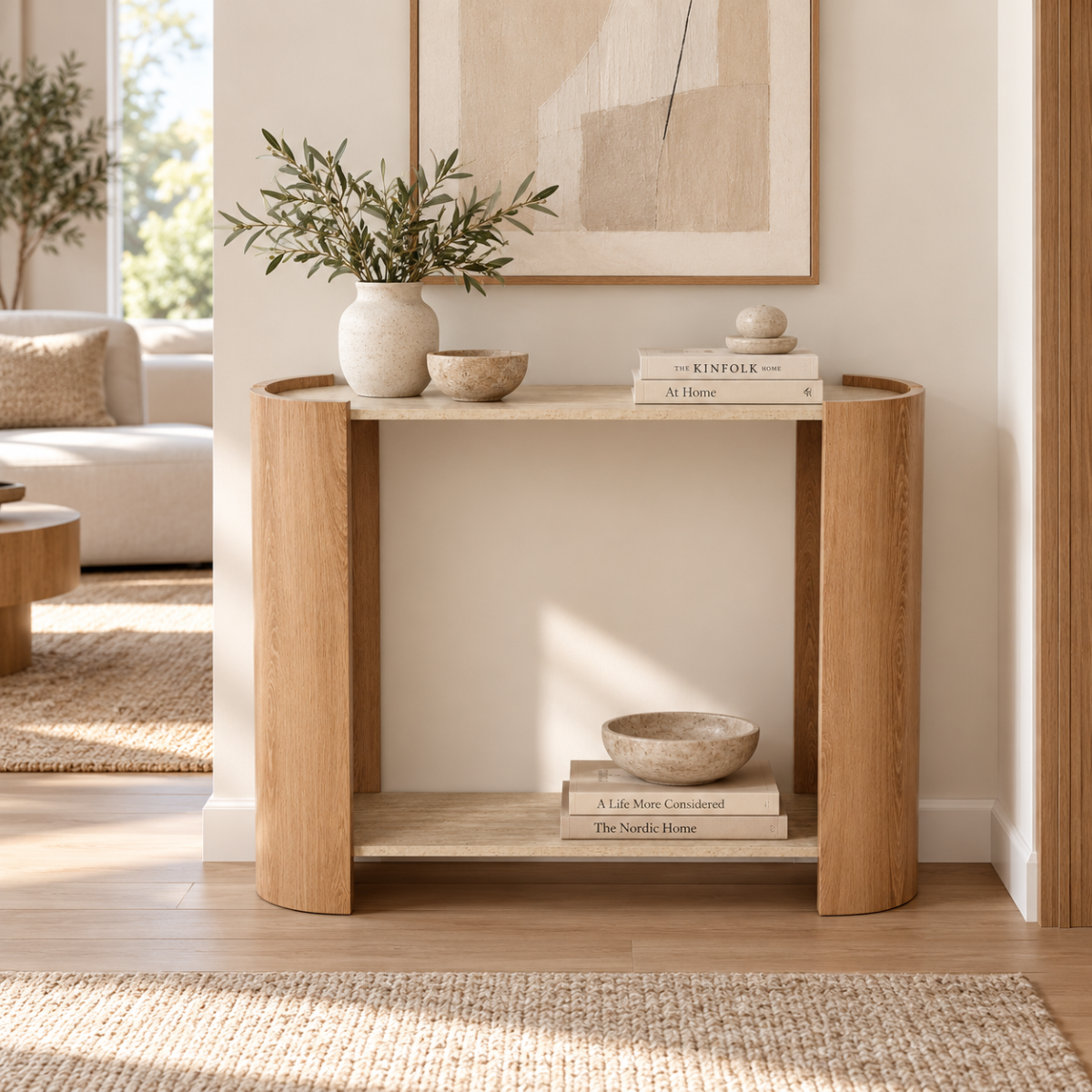 Console décor travertin et bois - IZIA bois clair, CALICOSY