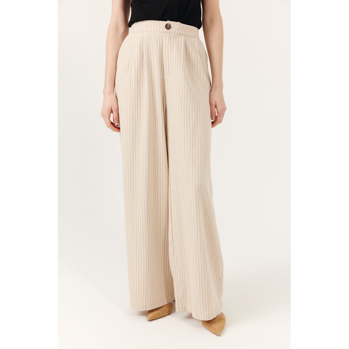 Pantalon Dalina taille haute coupe large droite à rayures fines verticales beige, ARTLOVE