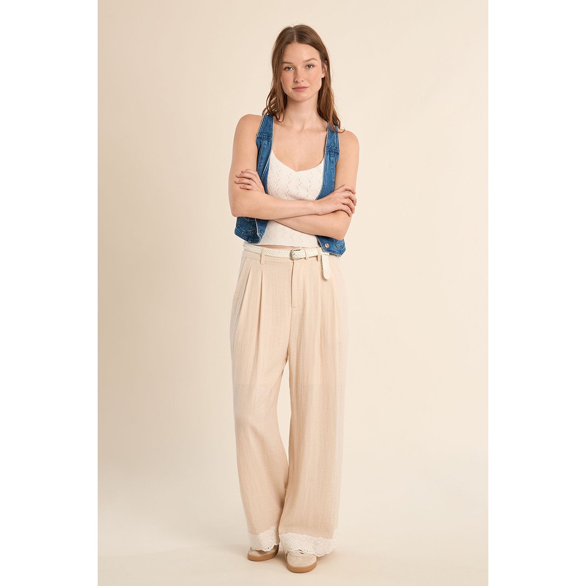 Pantalon droit taille haute, détail dentelle offwhite, MOLLY BRACKEN