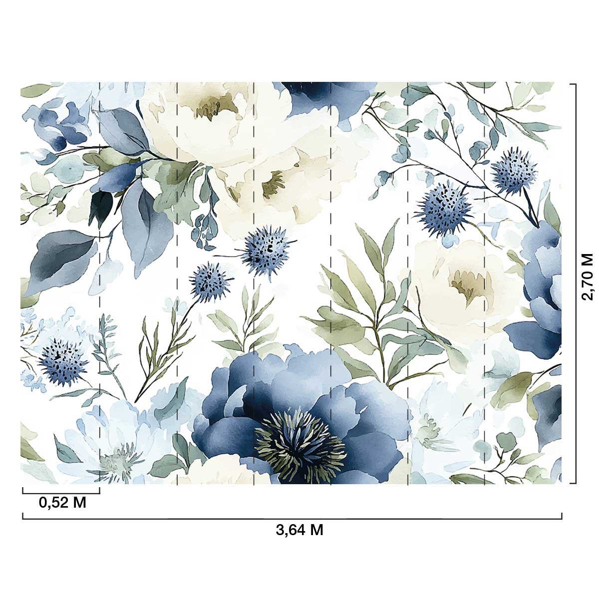 Papier peint panoramique Fleurs denim intissé, HEXOA