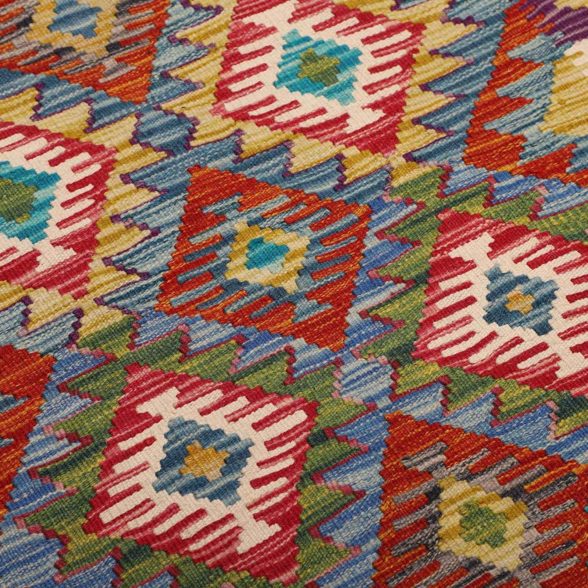 Tapis kilim à motif géométrique, tissé plat en laine, KILIM 27 multicolore, bleu, rouge, UN AMOUR DE TAPIS
