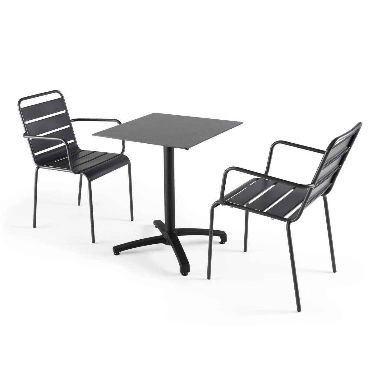 Table 60x60 cm inclinable stratifiée avec pied noir et chaises en métal, OPERA gris anthracite, OVIALA
