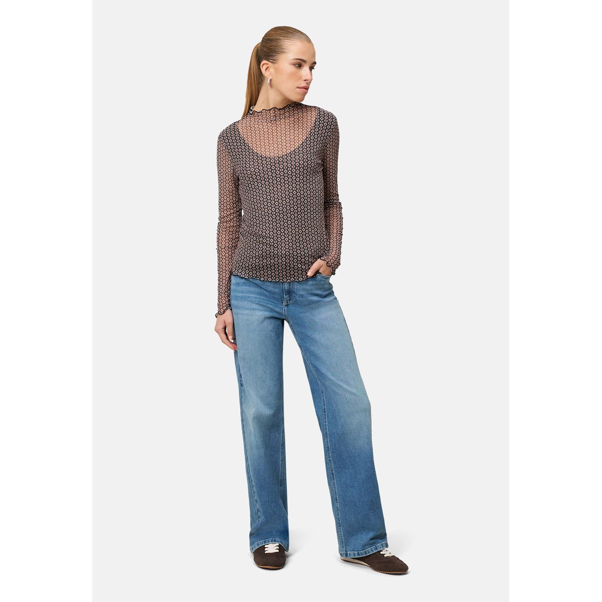 Mesh-Shirt mit grafischem print creambrown, ZERO