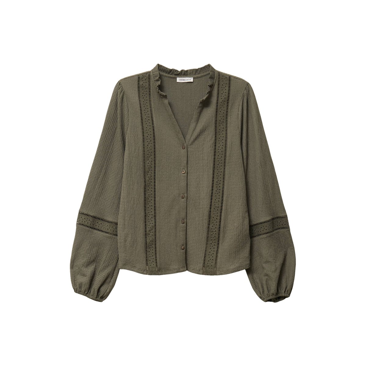 Blouse broderie col V manches longues vert kaki, CACHE CACHE