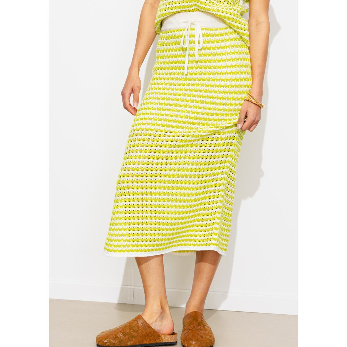 Jupe midi en crochet rayé jaune, PROMOD