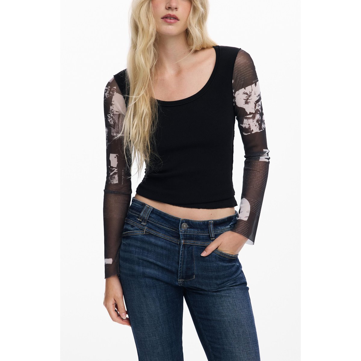 T-shirt manches en mousseline noir, DESIGUAL