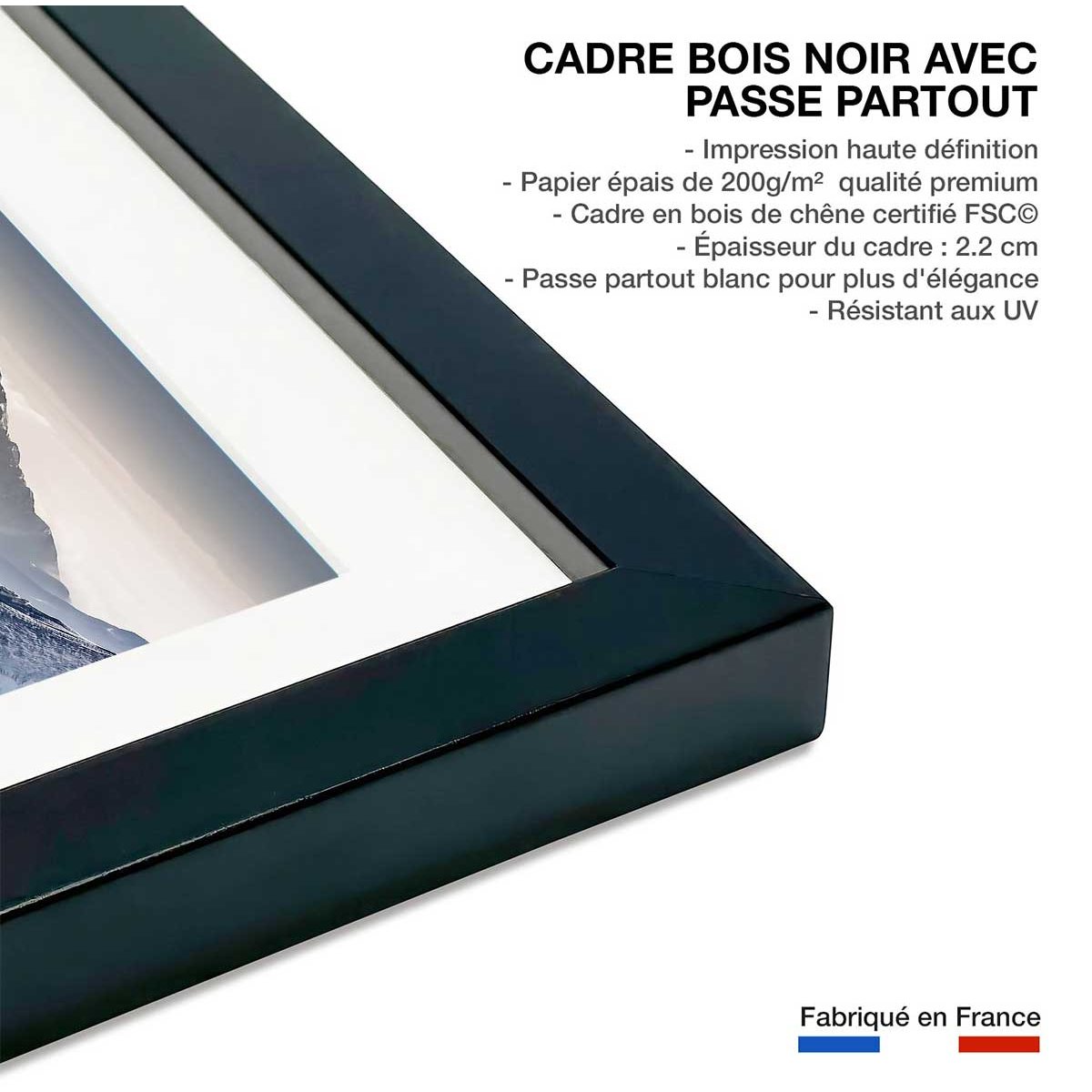 Affiche concentration sur les cîmes affiche + cadre en bois - noir, HEXOA