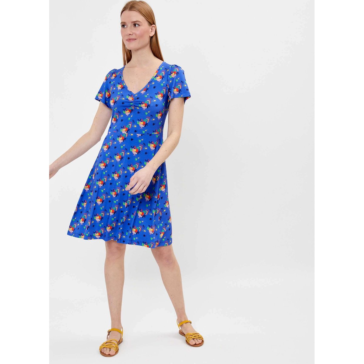 Robe imprimée fluide col V Ecovero LORENE bleu frutti, PRINCESSE NOMADE