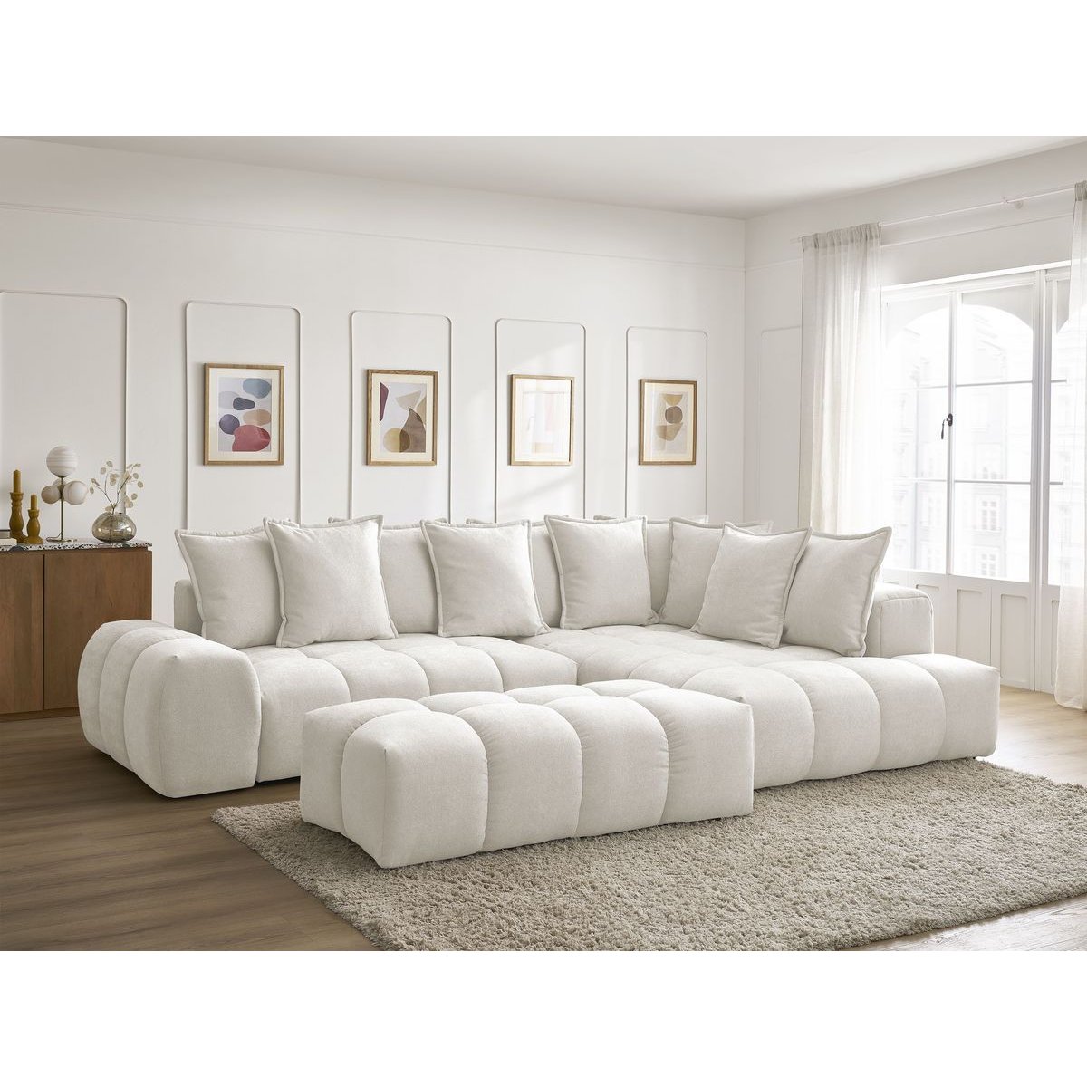Canapé d'angle convertible 4 places en tissu texturé avec pouf, EVEREST blanc, BOBOCHIC