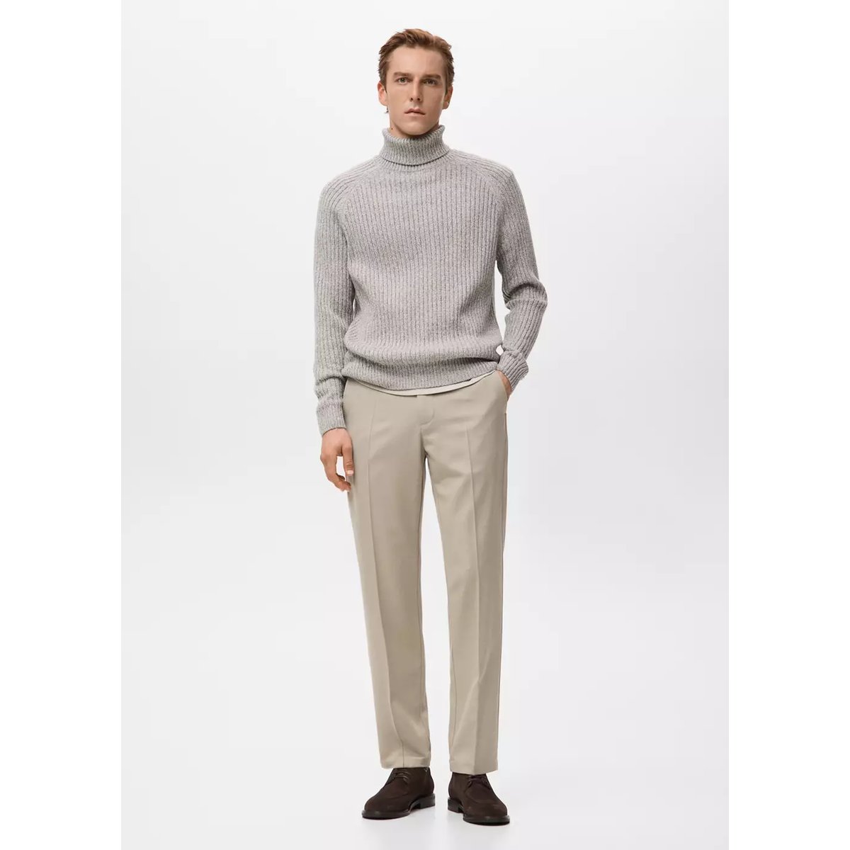 Pull col montant en laine mélangée beige, MANGO MAN