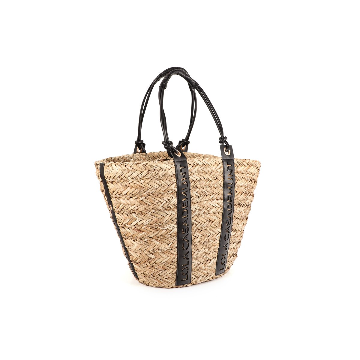 Panier tressé avec poignée logo découpé beige, LOLA CASADEMUNT
