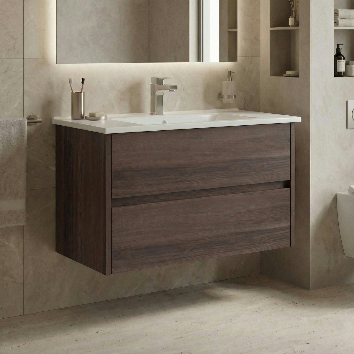 Meuble vasque suspendu 85 cm 2 tiroirs MOANA bois foncé, PIER IMPORT