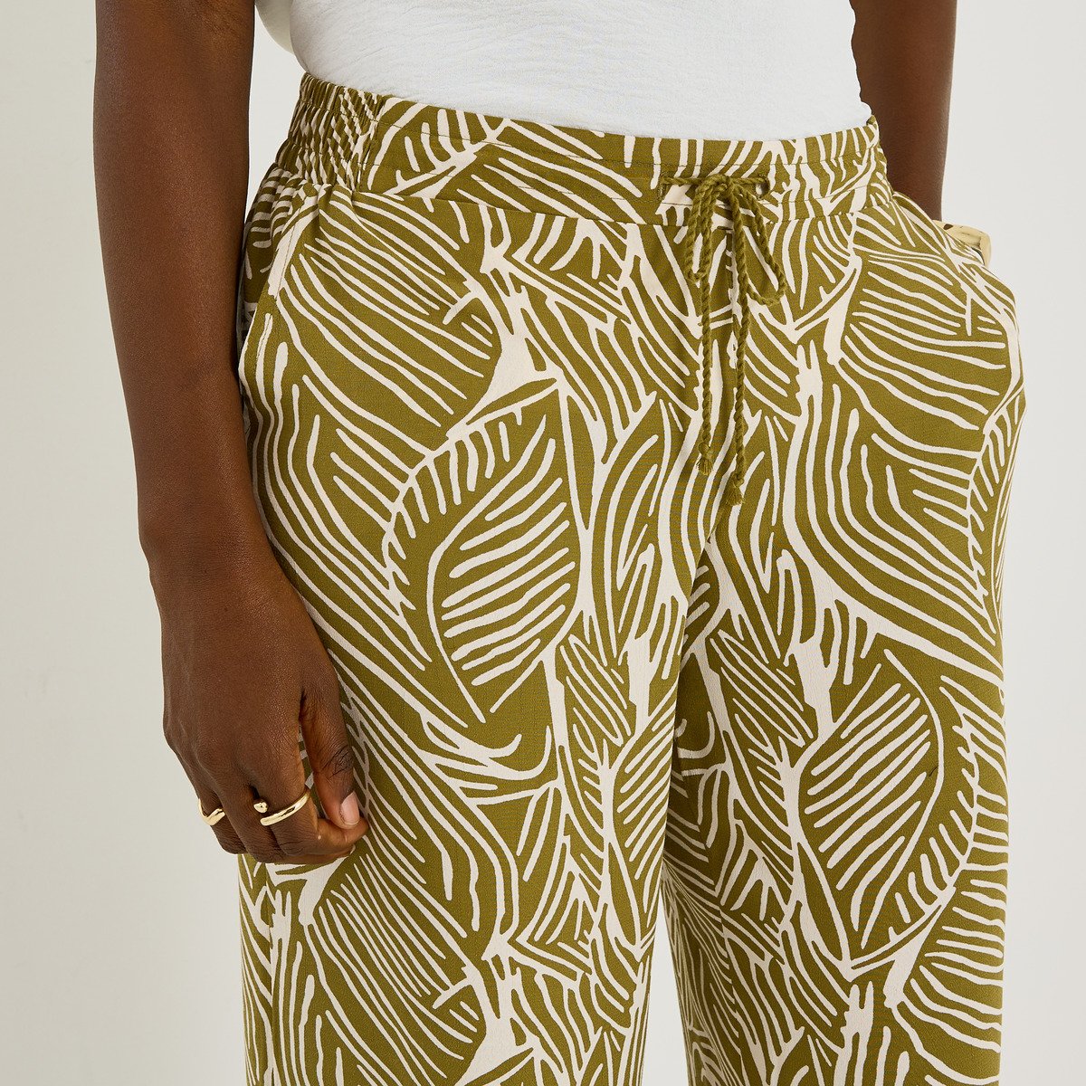 Pantalon large fluide imprimé vert kaki, GRAIN DE MALICE
