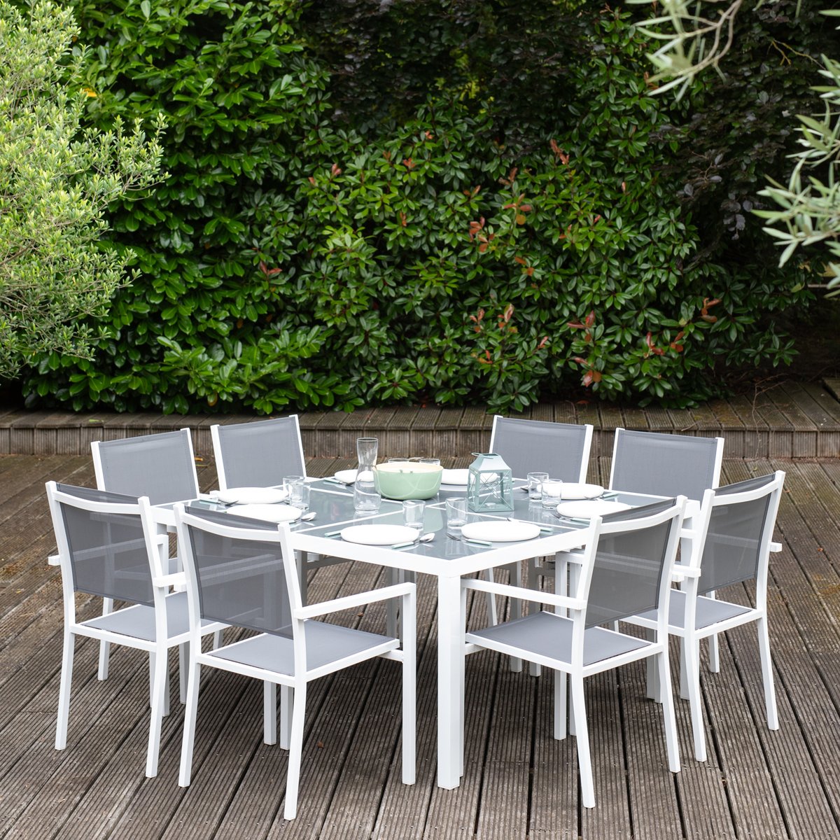 Salon de jardin en textilène, 8 pl, CAGLIARI blanc, HAPPY GARDEN