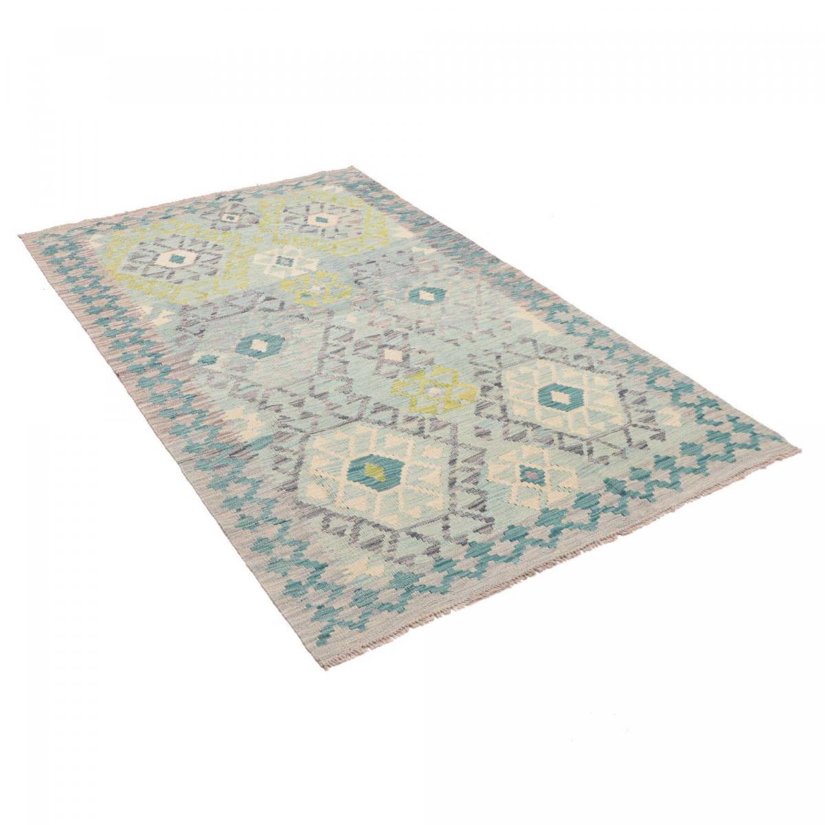 Tapis d'orient géométrique, tissé plat en laine, KILIM 14 bleu, gris, vert, UN AMOUR DE TAPIS
