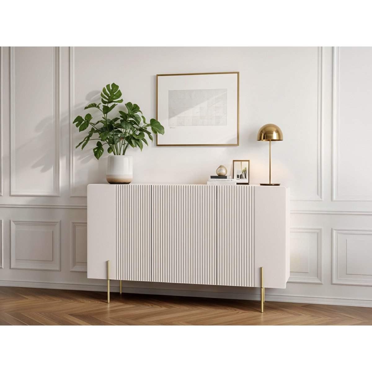 Buffet bas en panneaux de particules et MDF 4 portes 150 cm, MATHILDE beige, BOBOCHIC