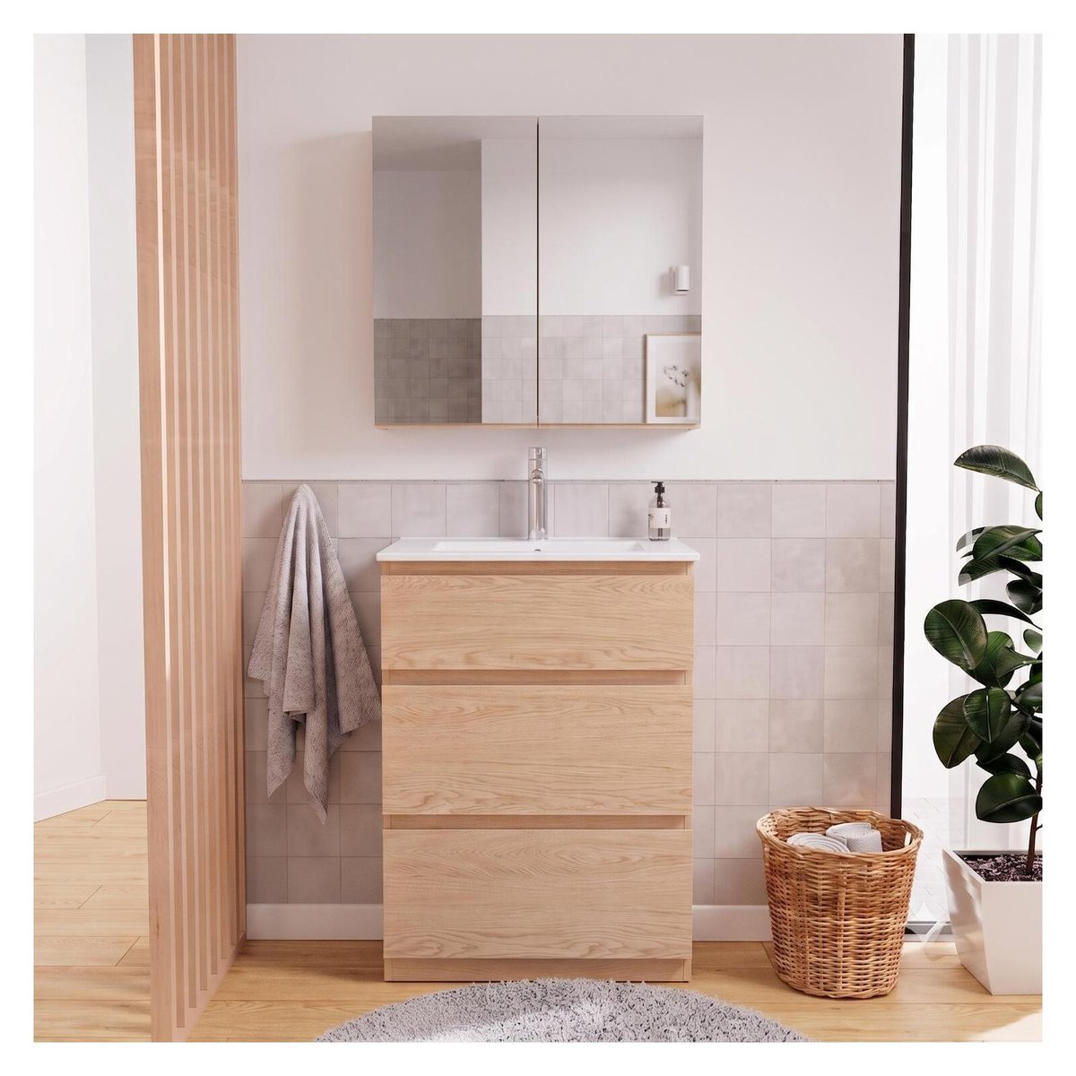 Armoire de toilette 60cm double porte avec miroirs WILL décor chêne, MOB IN