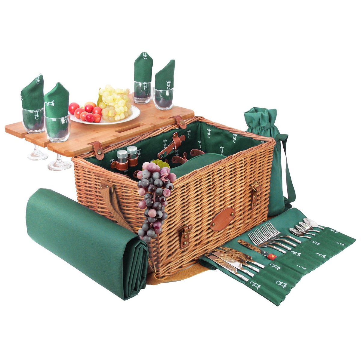 Panier picnic cuir Saint-honoré 4 pers vert foncé, LES JARDINS DE LA COMTESSE
