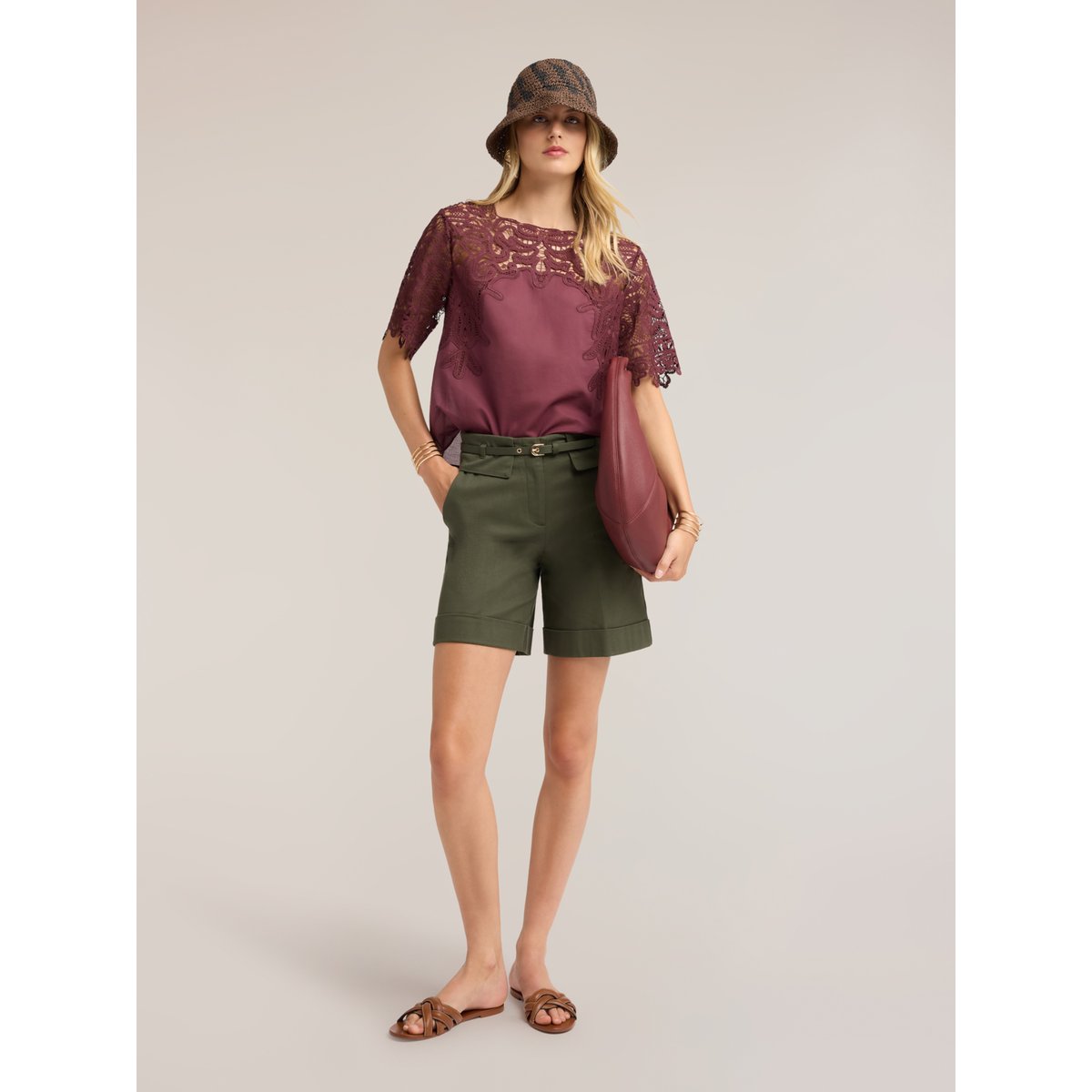 Blouse en coton avec insert en macramé violet, MOTIVI