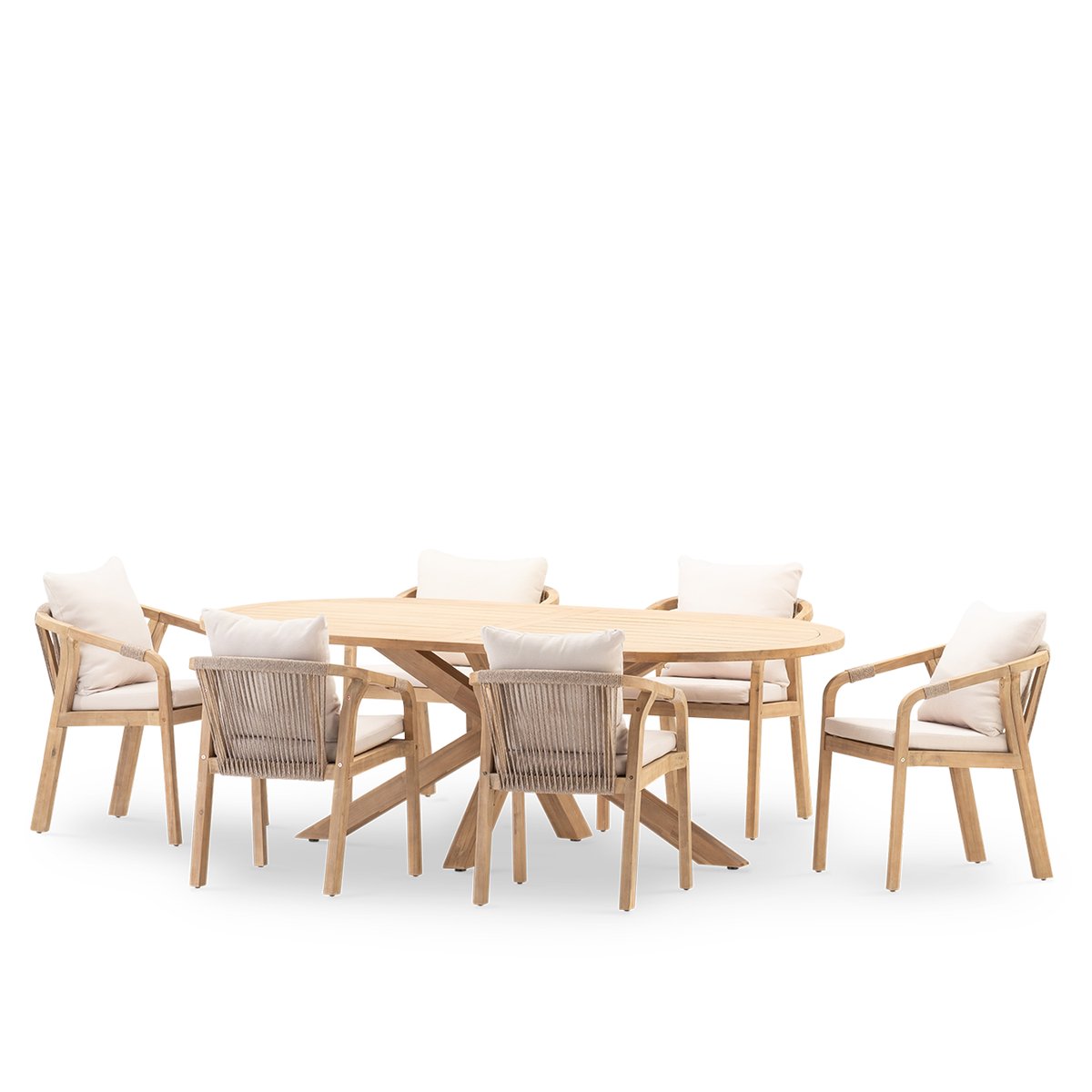 Salon de jardin, 6 chaises, SIENA bois clair, coussin beige, DEFORA HOME