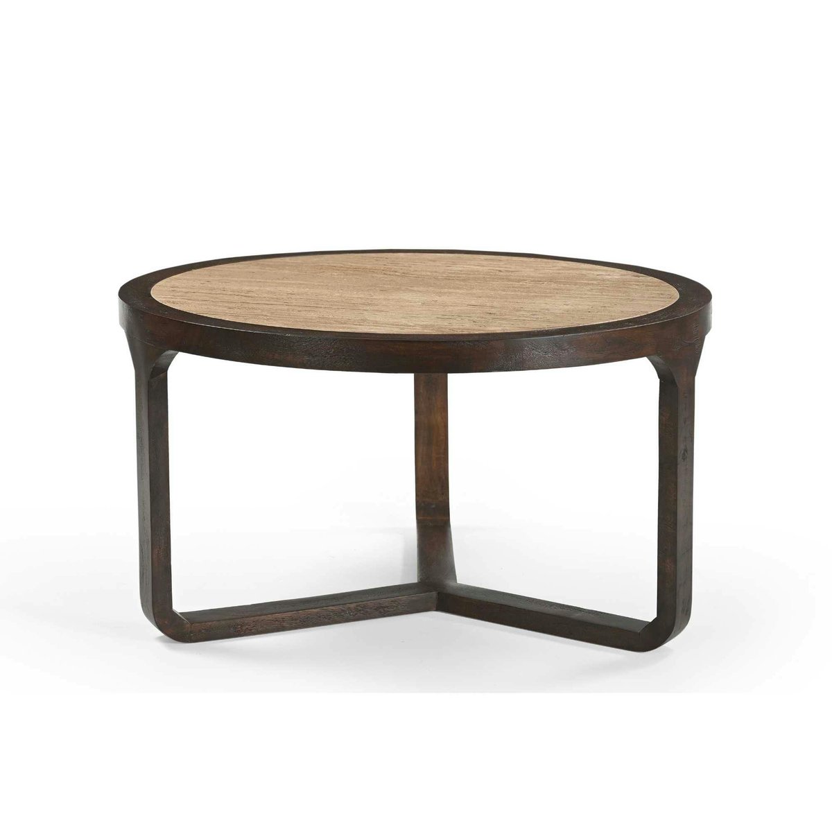 Table basse travertin et bois 3 pieds Ø75 cm DUOMO beige, PIER IMPORT