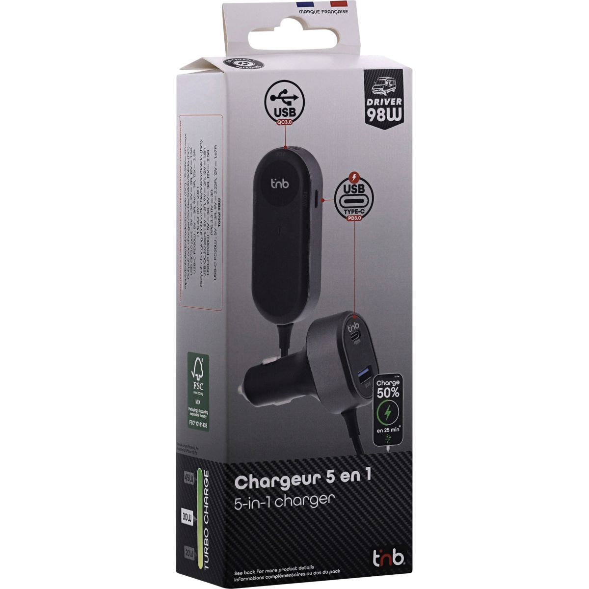 Chargeur allume cigare 98W 2xUSB A et 3xUSB-C noir couleur unique, TNB