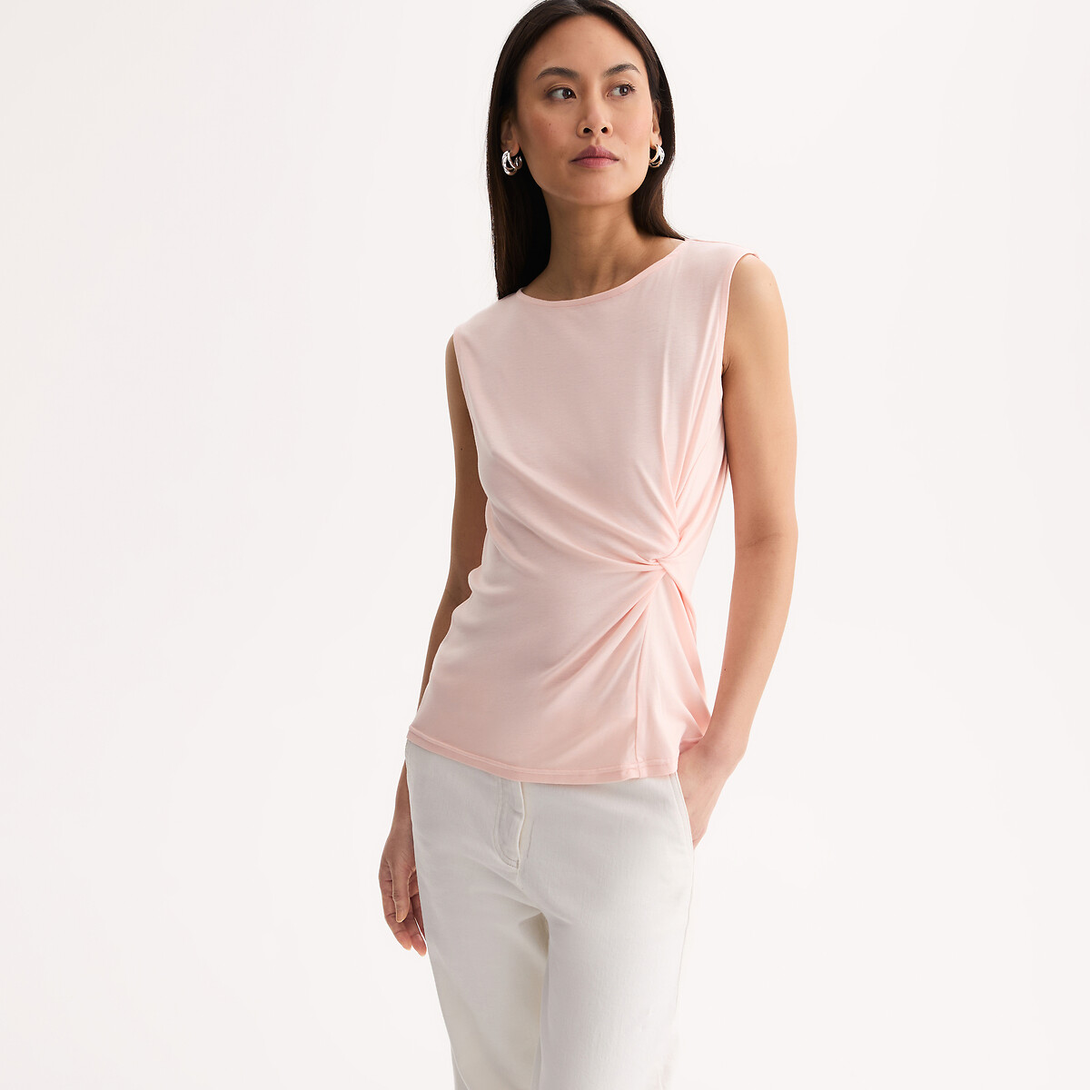 T-shirt sans manches drapé col rond rose, ANNE WEYBURN