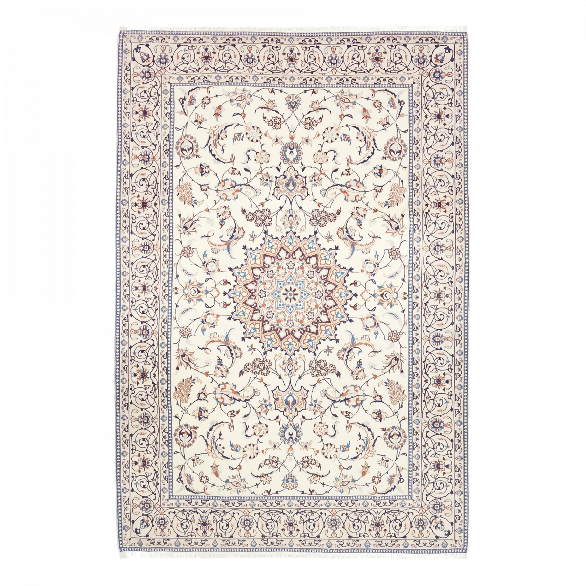 Tapis d'orient, motif oriental, noué main, laine et soie, NAIN 9LA 34 crème, beige, bleu, UN AMOUR DE TAPIS
