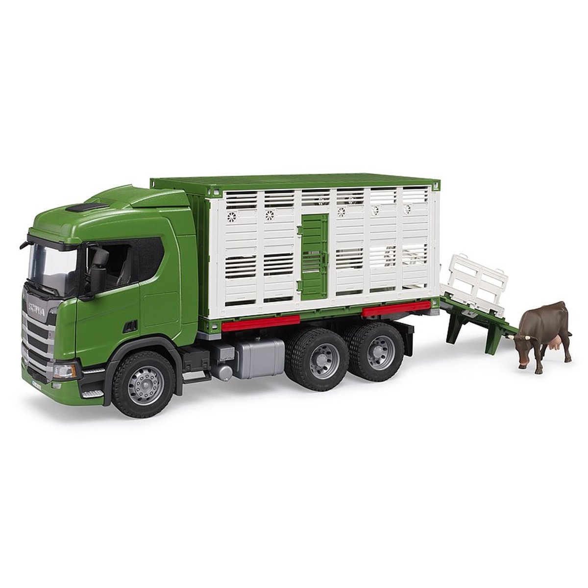Camion de transport d'animaux Scania Super 560R avec 1 bœuf vert, BRUDER