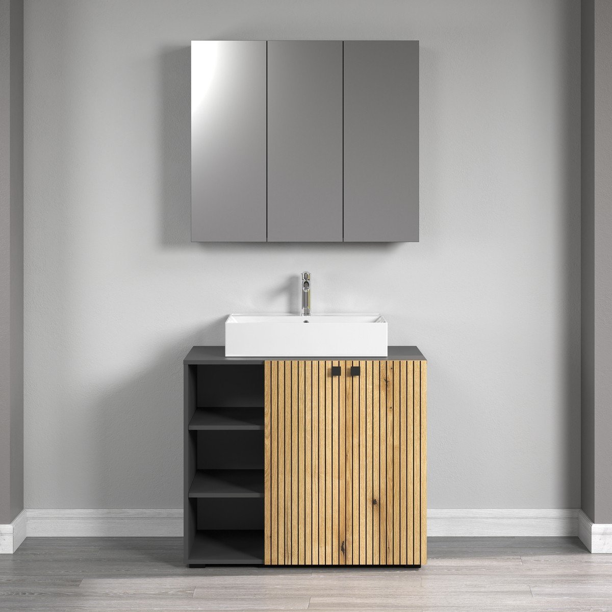 Armoire de toilette 3 portes miroir L90 cm - PUREBLISS gris anthracite, CALICOSY